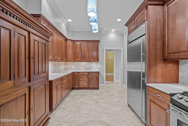 kitchen with light stone countertops, backsplash, stainless steel appliances, and crown molding