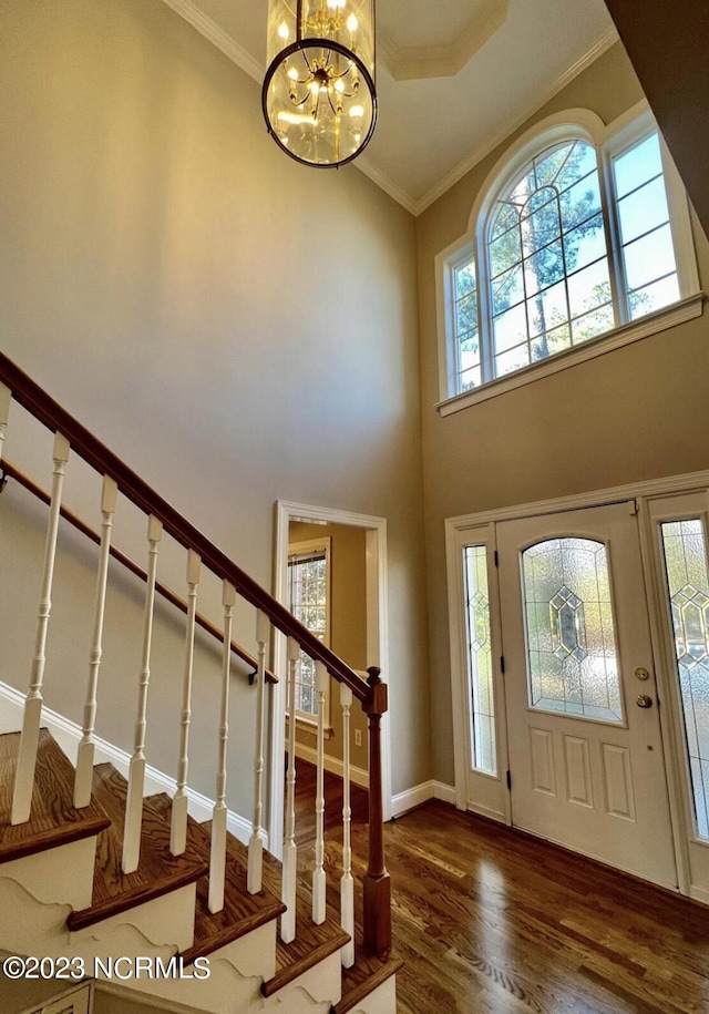 foyer featuring an inviting chandelier, dark hardwood / wood-style floors, a healthy amount of sunlight, and a high ceiling