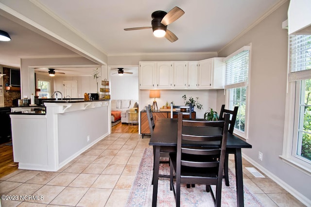 interior space featuring ceiling fan, ornamental molding, and a healthy amount of sunlight