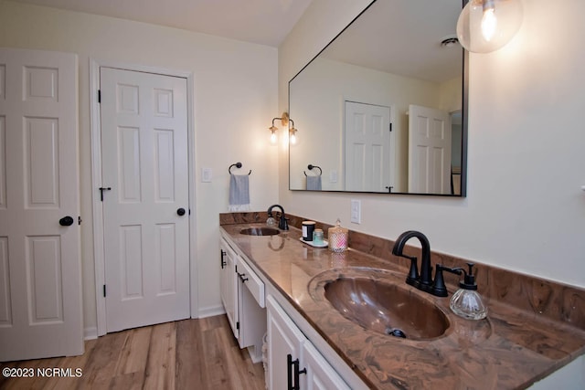 bathroom with double sink, hardwood / wood-style floors, and vanity with extensive cabinet space