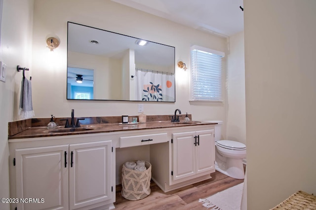 bathroom with toilet, double vanity, and hardwood / wood-style flooring