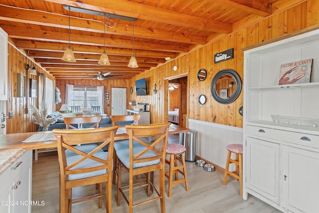 living room featuring ceiling fan, wooden walls, beam ceiling, light hardwood / wood-style flooring, and wooden ceiling