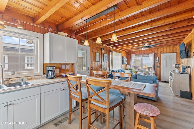 kitchen featuring a wealth of natural light, white cabinetry, stainless steel appliances, and decorative light fixtures