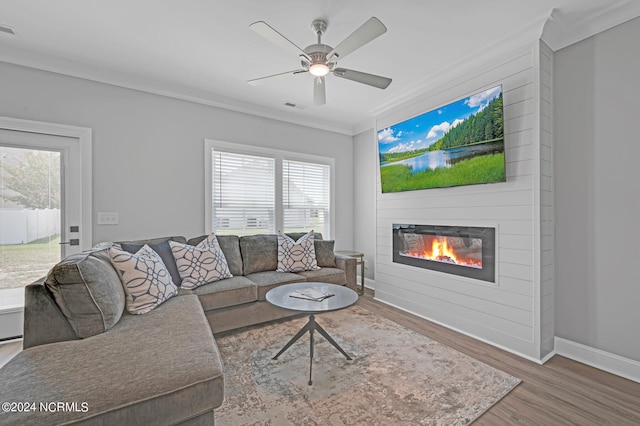 living room featuring crown molding, hardwood / wood-style flooring, ceiling fan, and a large fireplace