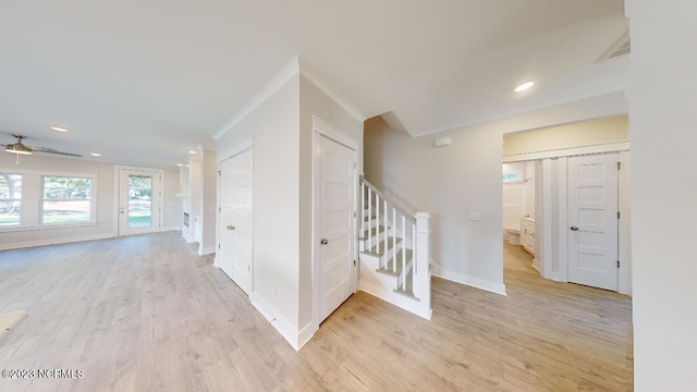 2090 Greenside Manor Dr Unit L-39, Ocean Isle Beach, NC 28469 - corridor with light wood-style floors, crown molding, recessed lighting, and stairway