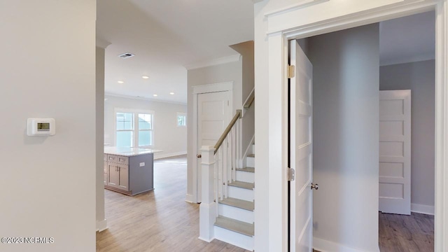2090 Greenside Manor Dr Unit L-39, Ocean Isle Beach, NC 28469 - stairs with wood finished floors, crown molding, and recessed lighting