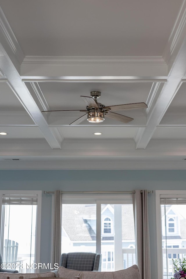 interior details with coffered ceiling, ceiling fan, and beam ceiling