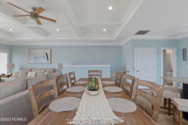 dining space with coffered ceiling, hardwood / wood-style floors, ceiling fan, beamed ceiling, and ornamental molding