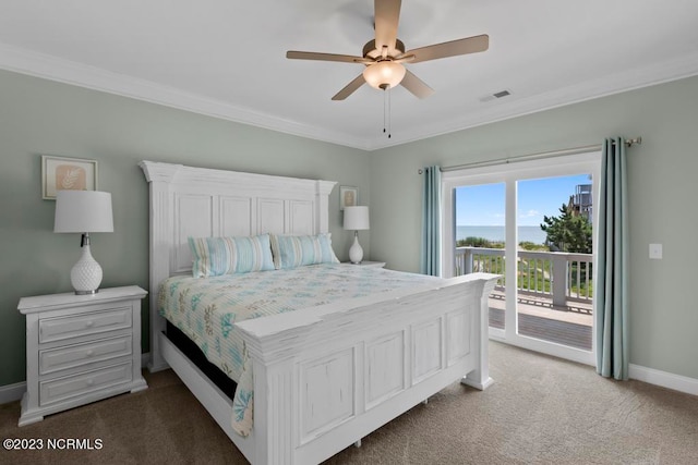 bedroom with ceiling fan, access to outside, ornamental molding, and carpet floors