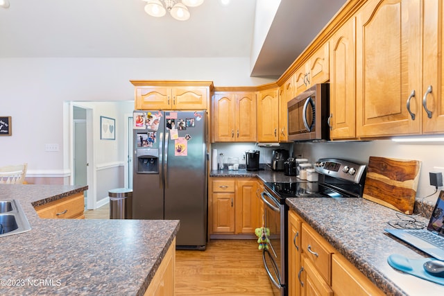 kitchen with light hardwood / wood-style floors and appliances with stainless steel finishes