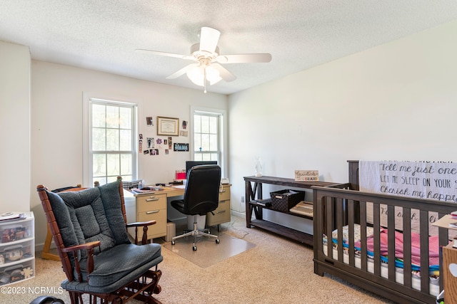 bedroom featuring ceiling fan and a textured ceiling