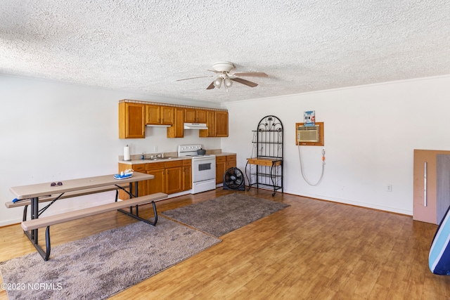 kitchen featuring a textured ceiling, ceiling fan, sink, electric stove, and hardwood / wood-style floors