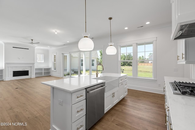 kitchen featuring sink, hanging light fixtures, stainless steel appliances, white cabinets, and exhaust hood