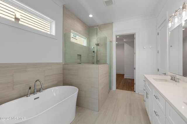 bathroom featuring vanity, tile walls, and separate shower and tub