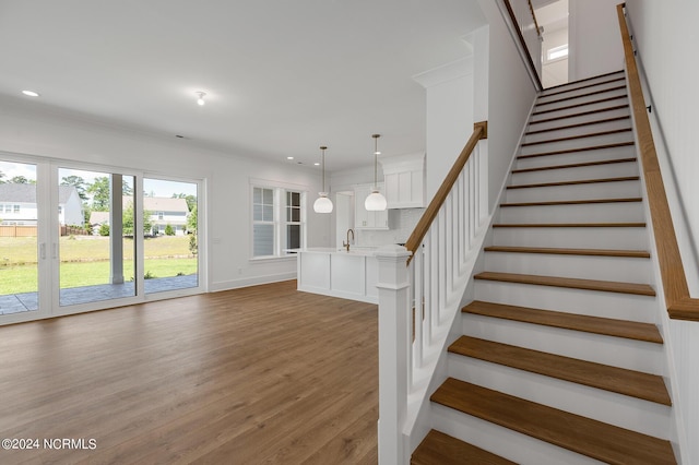 stairway with wood-type flooring, sink, and crown molding