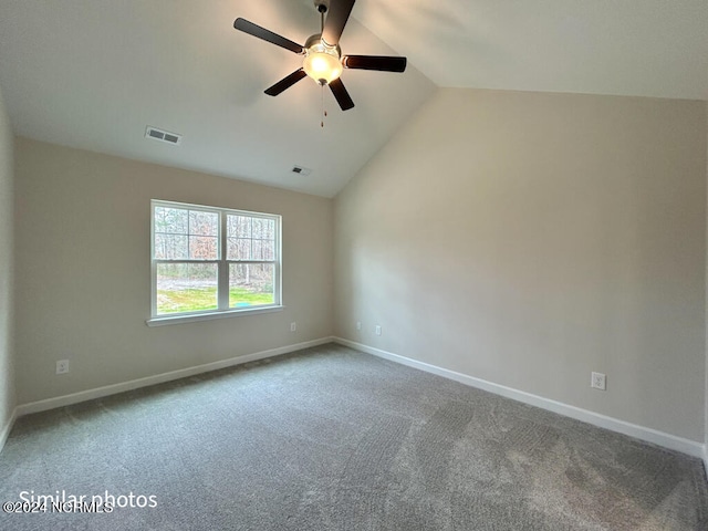 unfurnished room with carpet, ceiling fan, and lofted ceiling