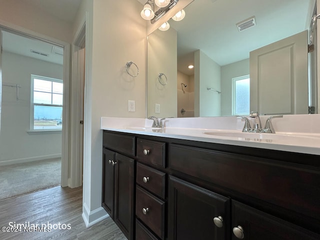 bathroom featuring double sink, hardwood / wood-style flooring, and vanity with extensive cabinet space