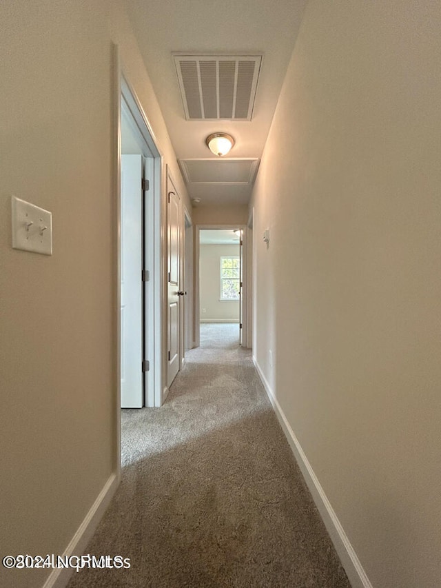 hallway with light colored carpet