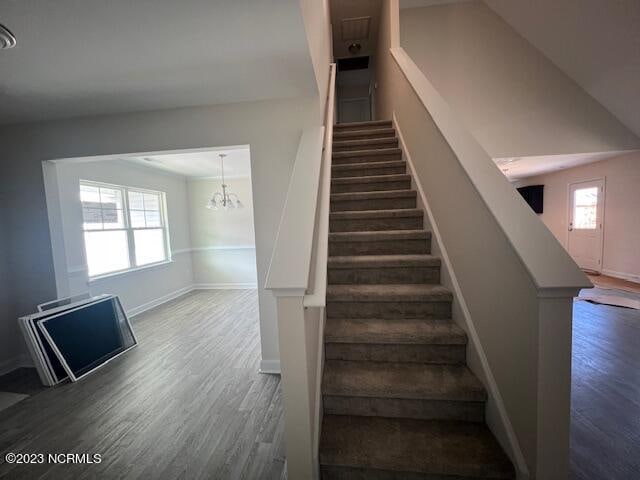 stairway with an inviting chandelier, hardwood / wood-style floors, and a healthy amount of sunlight