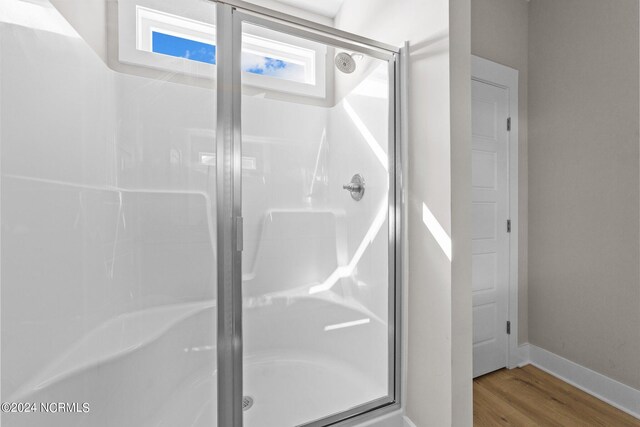 bathroom featuring wood-type flooring and walk in shower