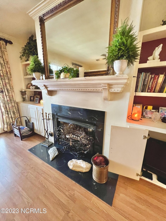 living room with hardwood / wood-style floors and built in shelves