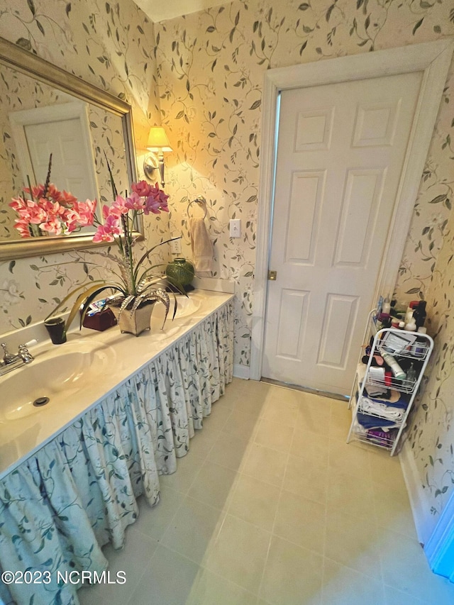 bathroom with tile flooring and oversized vanity