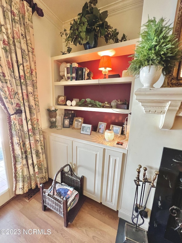 interior space featuring light hardwood / wood-style flooring and crown molding