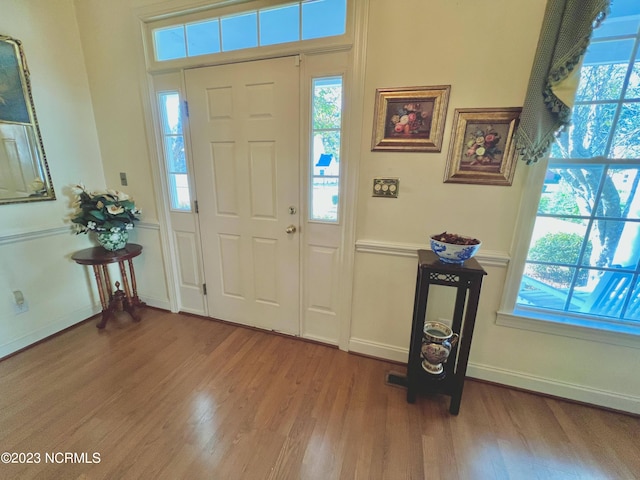 foyer entrance with light hardwood / wood-style flooring