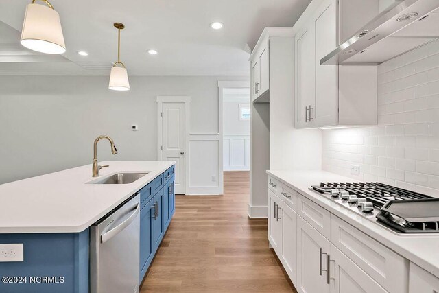 kitchen featuring range hood, blue cabinetry, decorative light fixtures, appliances with stainless steel finishes, and sink