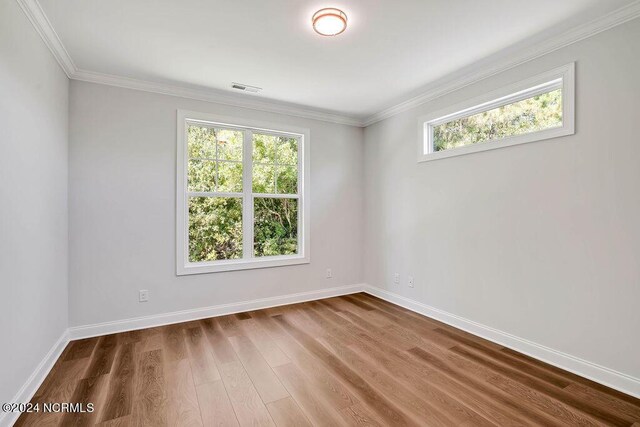 spare room with crown molding, a healthy amount of sunlight, and wood-type flooring