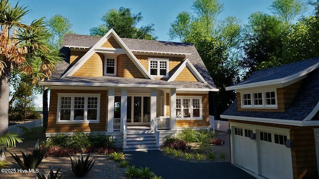 view of front of property with a garage, roof with shingles, and covered porch