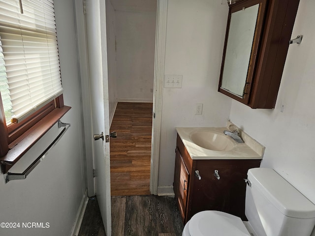 bathroom featuring toilet, large vanity, and wood-type flooring