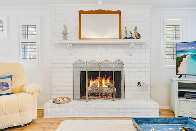 404 Mercer St, Oak Island, NC 28465 - living room featuring ornamental molding, wood finished floors, and a fireplace