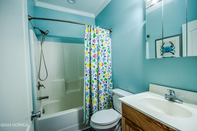 full bathroom featuring vanity, toilet, shower / bathtub combination with curtain, and ornamental molding