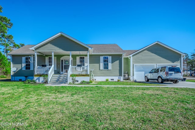 view of front of property with roof with shingles, a porch, a garage, driveway, and a front lawn