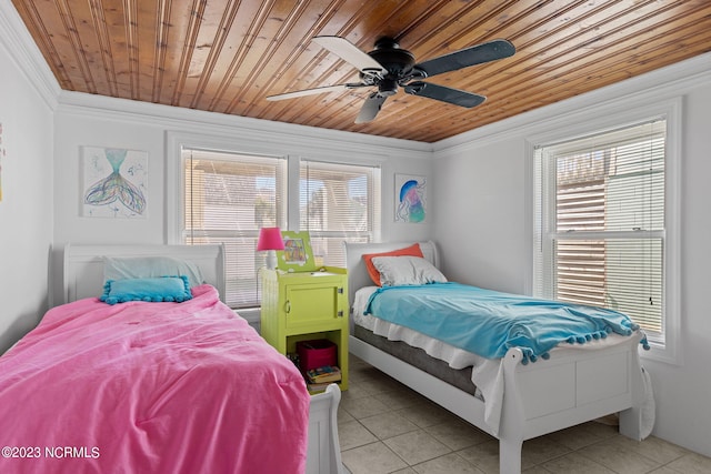 bedroom featuring light tile flooring, wooden ceiling, and multiple windows