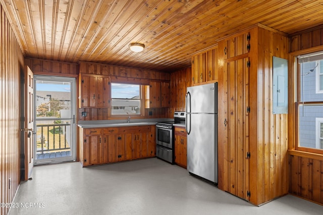 kitchen featuring sink, stainless steel appliances, wood walls, and wood ceiling