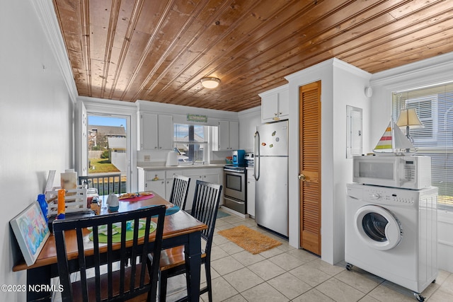 kitchen featuring wooden ceiling, white cabinets, washer / dryer, and stainless steel appliances