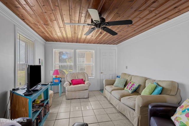 tiled living room with wooden ceiling, ceiling fan, and ornamental molding