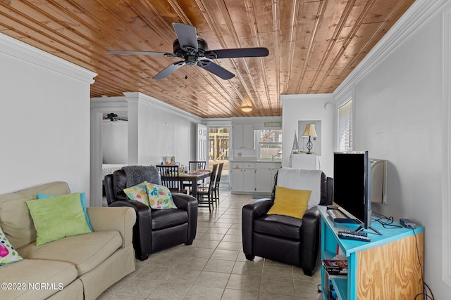 living room featuring crown molding, wooden ceiling, ceiling fan, and light tile floors