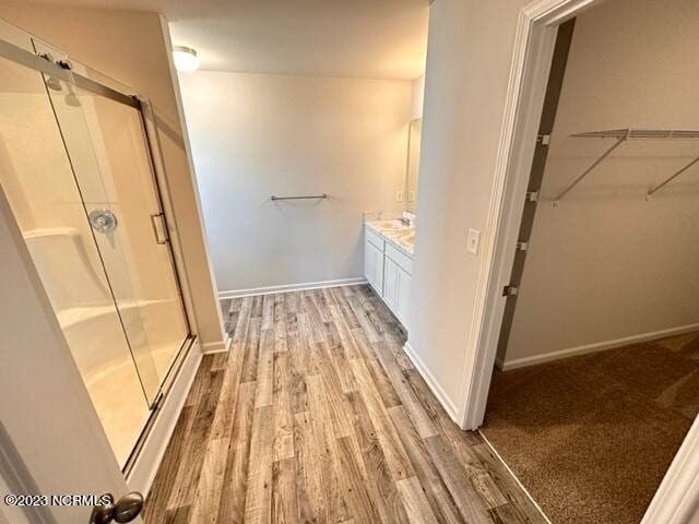 interior space featuring vanity, a shower with door, and wood-type flooring