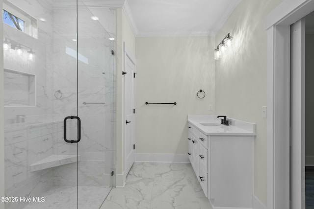 full bath featuring a marble finish shower, baseboards, marble finish floor, crown molding, and vanity