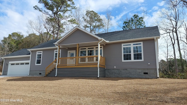 single story home with a garage, crawl space, covered porch, and roof with shingles