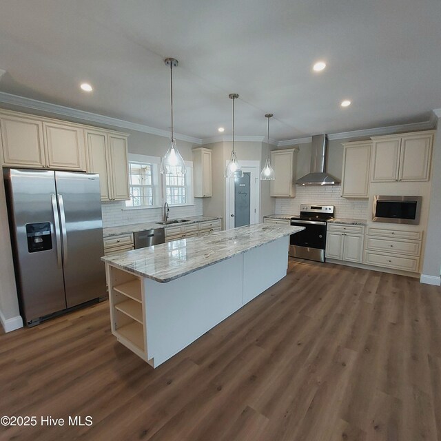 kitchen with wall chimney exhaust hood, backsplash, dark wood finished floors, and stainless steel appliances