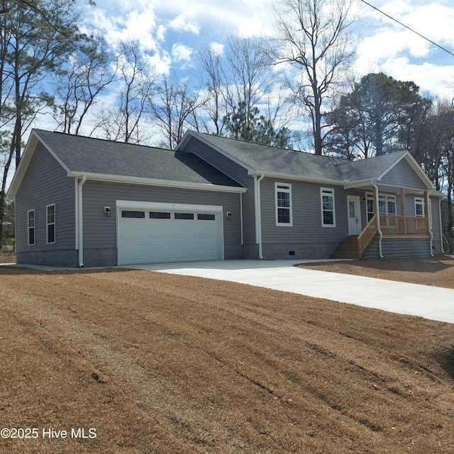 ranch-style home featuring a garage, driveway, a porch, and crawl space