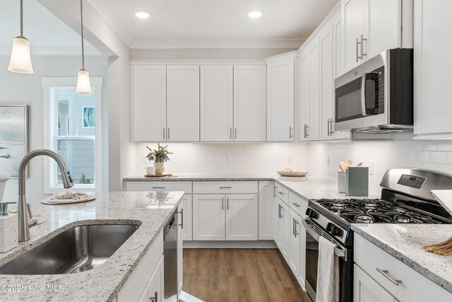 kitchen with sink, stainless steel appliances, tasteful backsplash, and dark hardwood / wood-style flooring