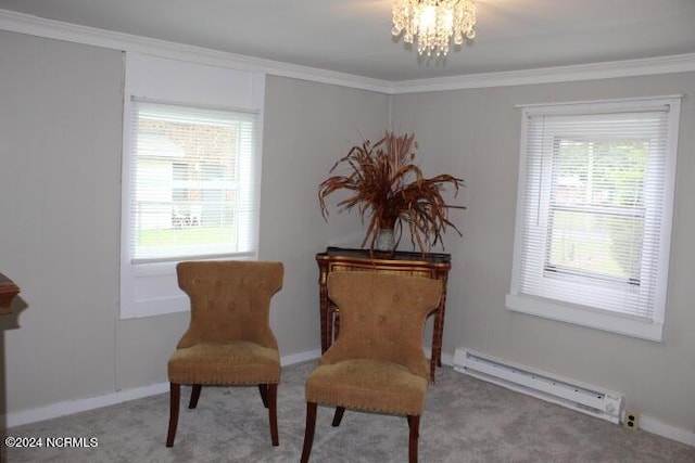 sitting room featuring ornamental molding, a baseboard radiator, carpet floors, and an inviting chandelier