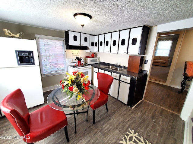 kitchen with white appliances, dark countertops, dark wood-style floors, under cabinet range hood, and a sink