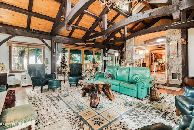 living area featuring wooden ceiling, wood finished floors, and vaulted ceiling with beams