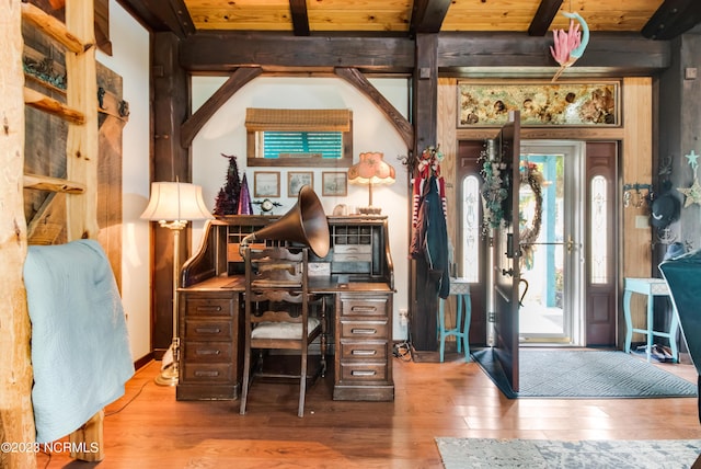 home office with beam ceiling, wood finished floors, and wooden ceiling